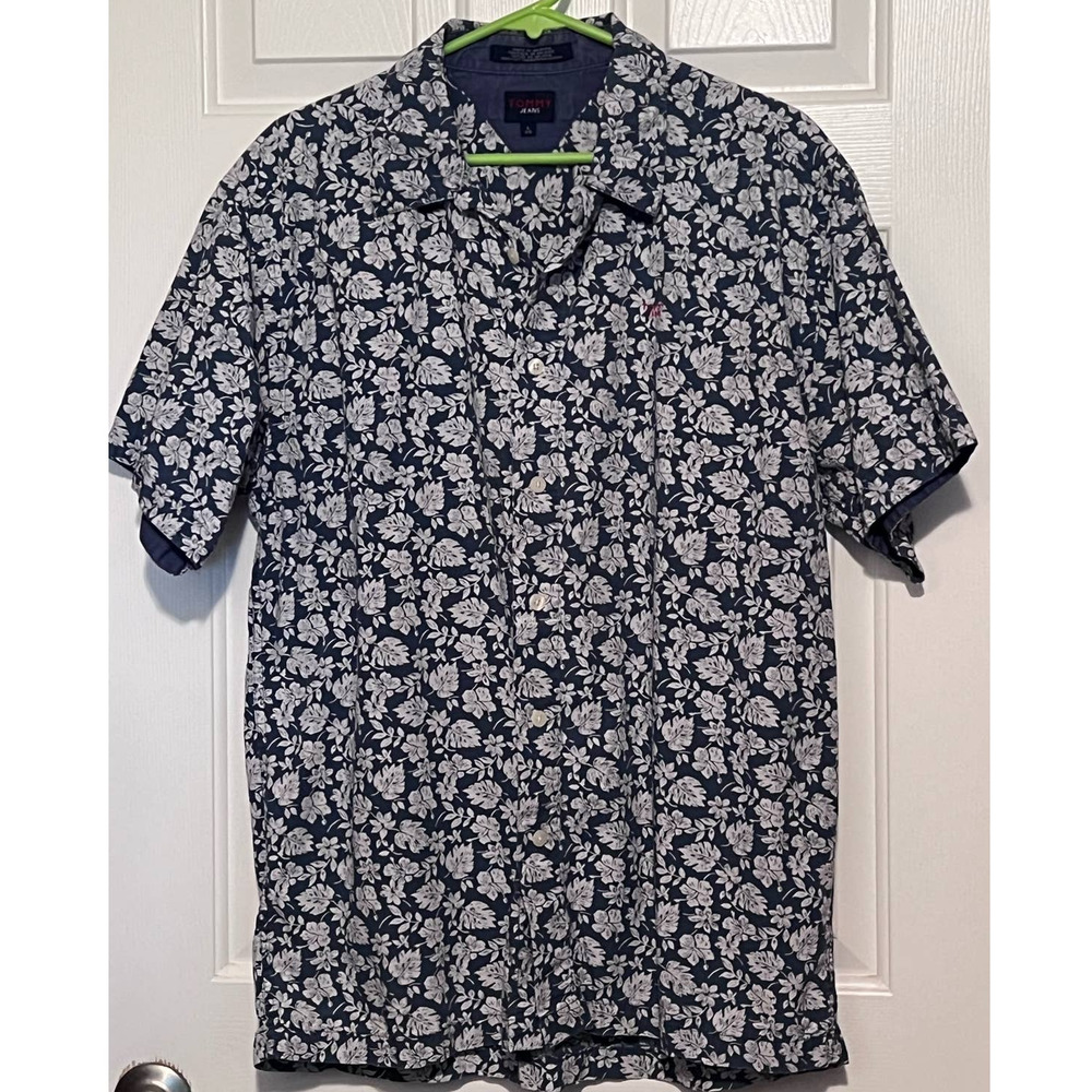 Tommy Jeans‎ Men's Hawaiian Blue White Button Front Short Sleeve Size L 29" Long
